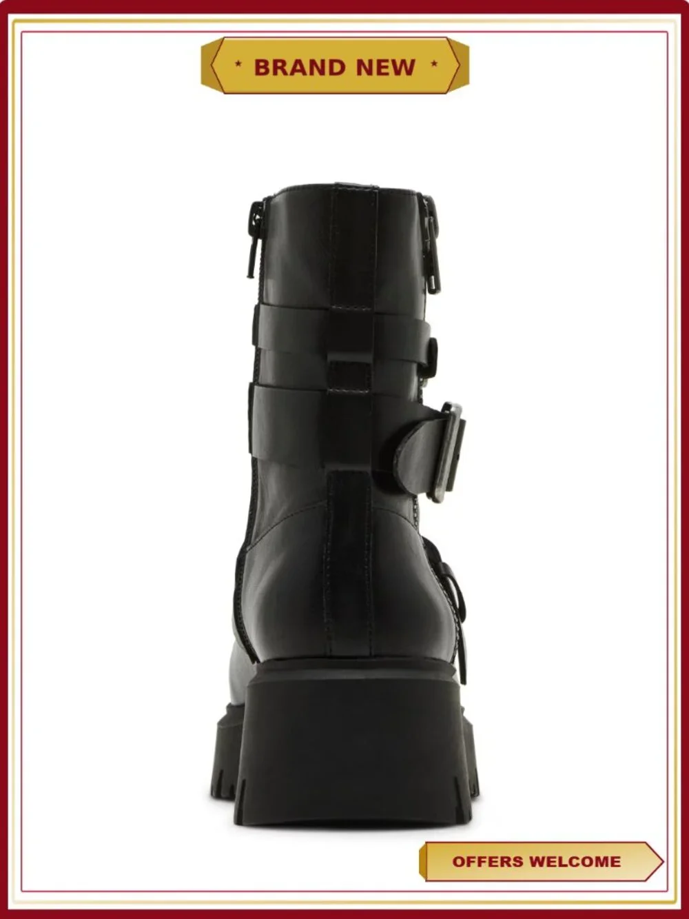 Ankle Bootie with Metal Buckle Details and Low Chunky Heel